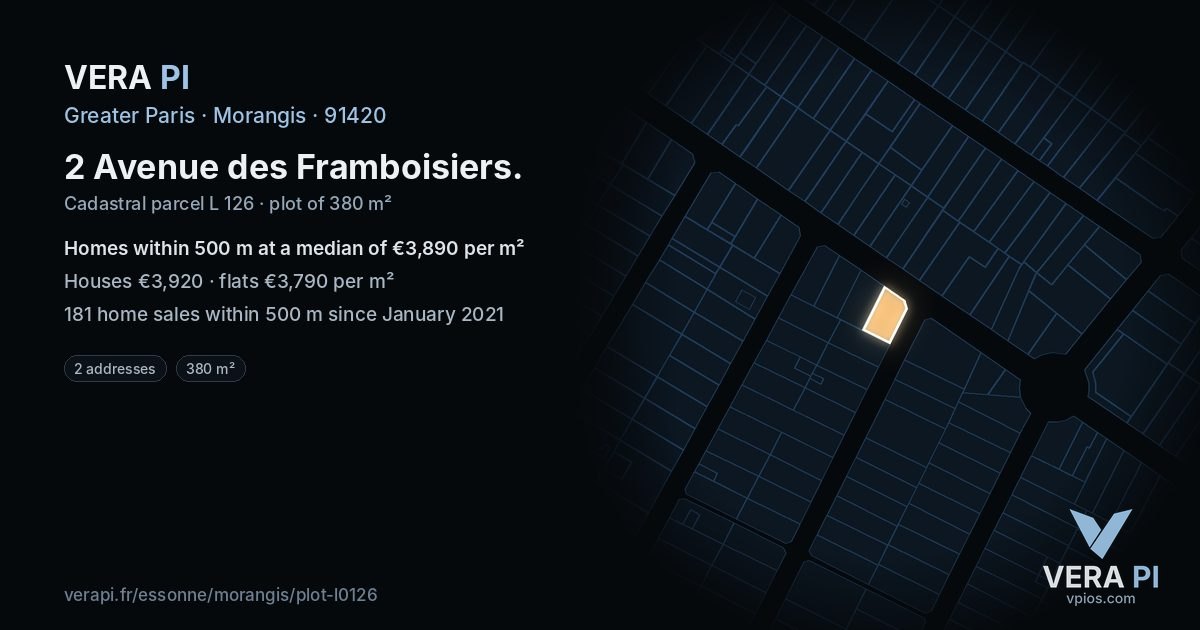 2 Avenue des Framboisiers, Morangis at night – the plot lit, the parcels around coloured by the prices near them
