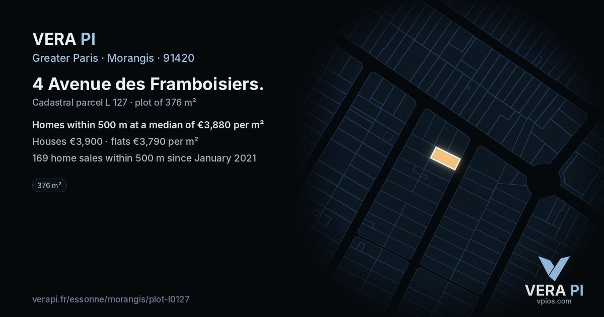 4 Avenue des Framboisiers, Morangis at night – the plot lit, the parcels around coloured by the prices near them