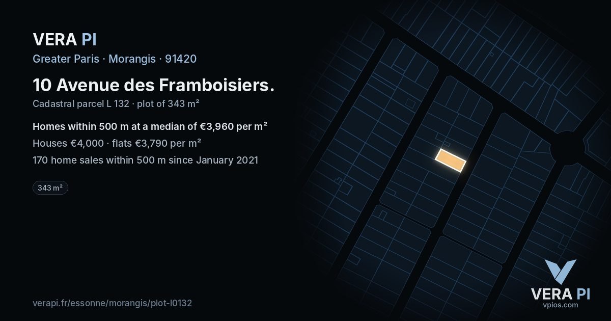 10 Avenue des Framboisiers, Morangis at night – the plot lit, the parcels around coloured by the prices near them