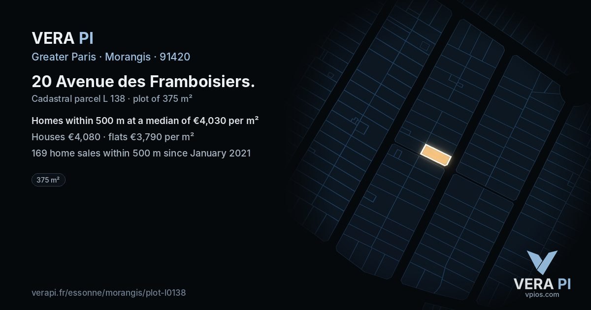 20 Avenue des Framboisiers, Morangis at night – the plot lit, the parcels around coloured by the prices near them