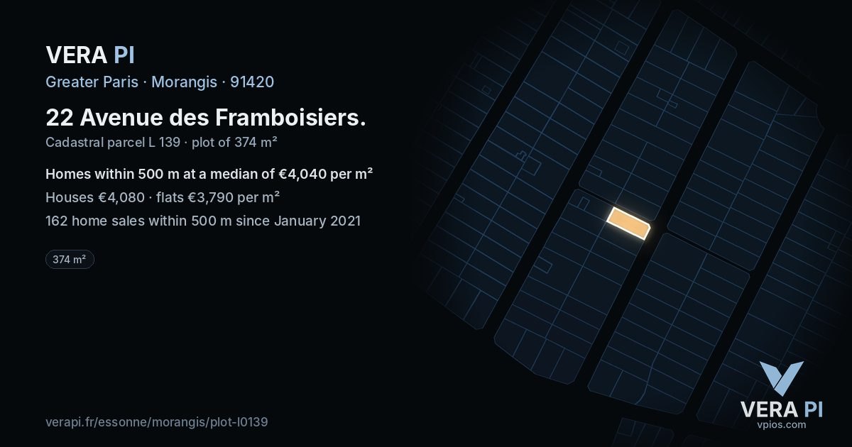 22 Avenue des Framboisiers, Morangis at night – the plot lit, the parcels around coloured by the prices near them
