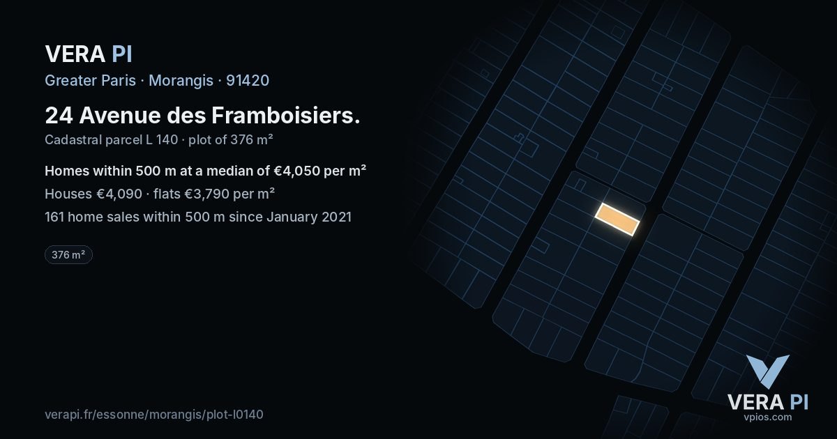 24 Avenue des Framboisiers, Morangis at night – the plot lit, the parcels around coloured by the prices near them