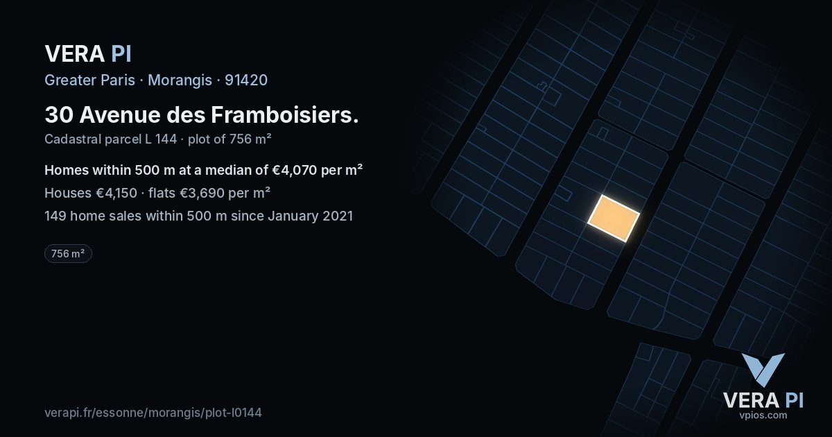 30 Avenue des Framboisiers, Morangis at night – the plot lit, the parcels around coloured by the prices near them
