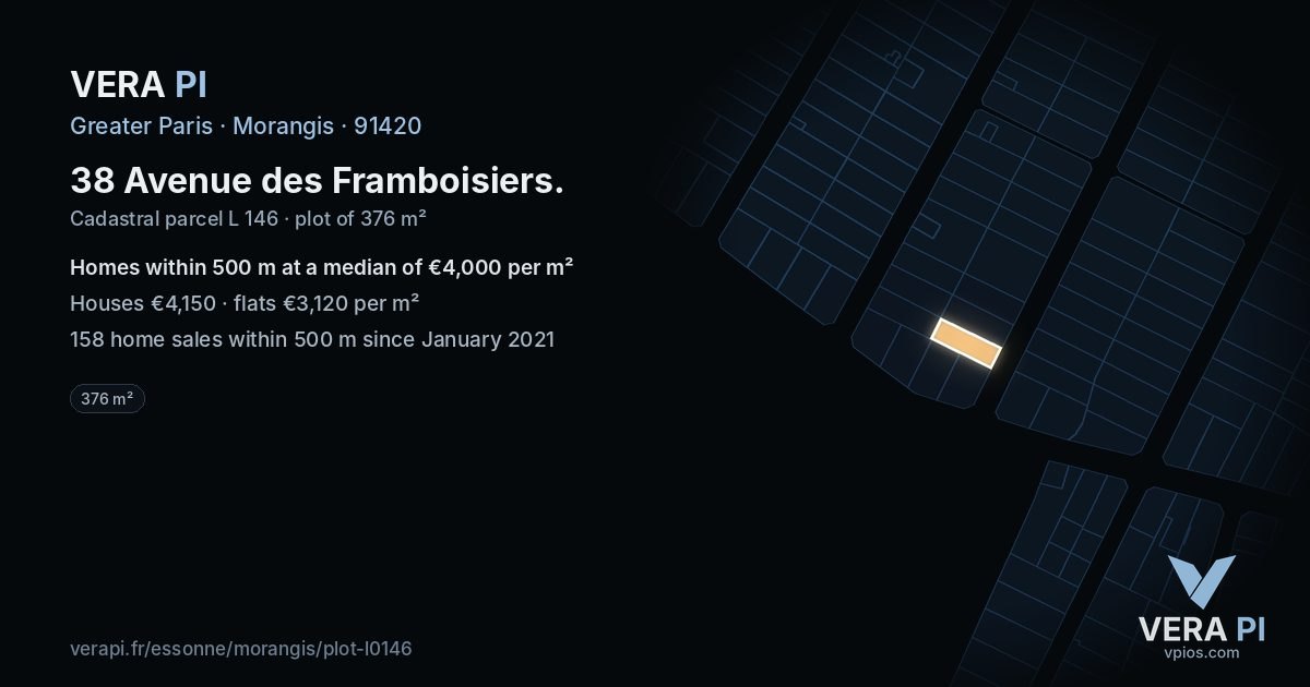 38 Avenue des Framboisiers, Morangis at night – the plot lit, the parcels around coloured by the prices near them