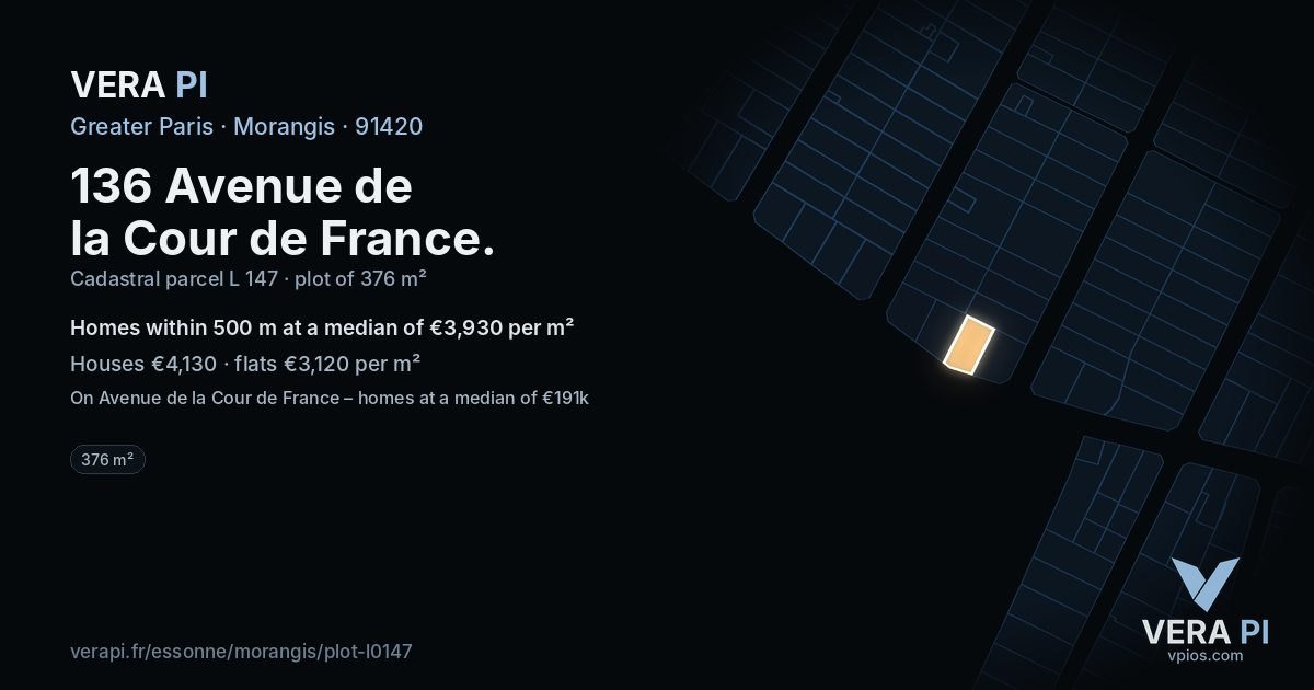 136 Avenue de la Cour de France, Morangis at night – the plot lit, the parcels around coloured by the prices near them