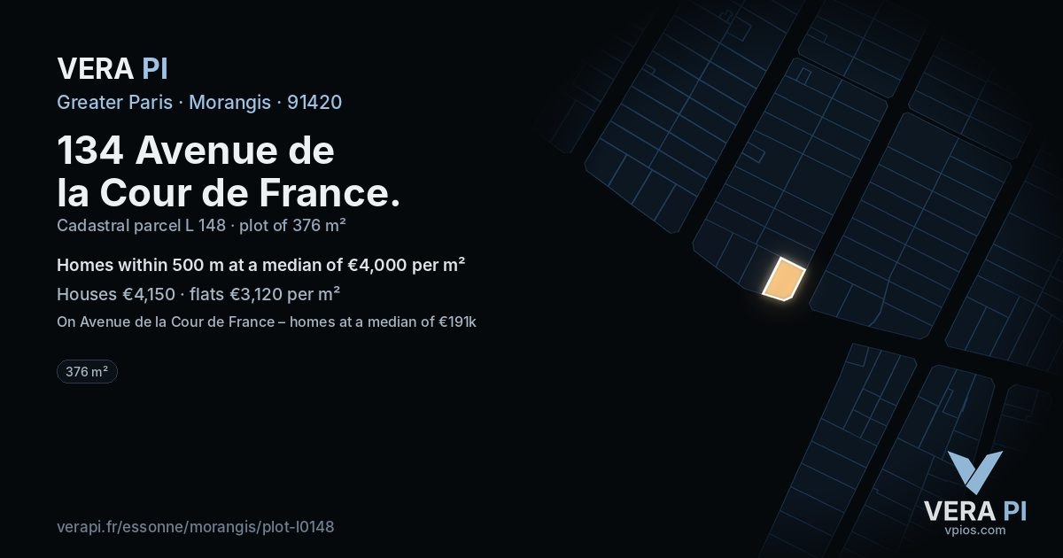 134 Avenue de la Cour de France, Morangis at night – the plot lit, the parcels around coloured by the prices near them