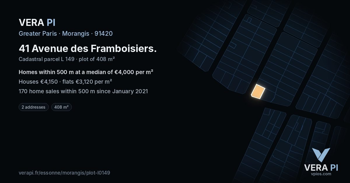 41 Avenue des Framboisiers, Morangis at night – the plot lit, the parcels around coloured by the prices near them