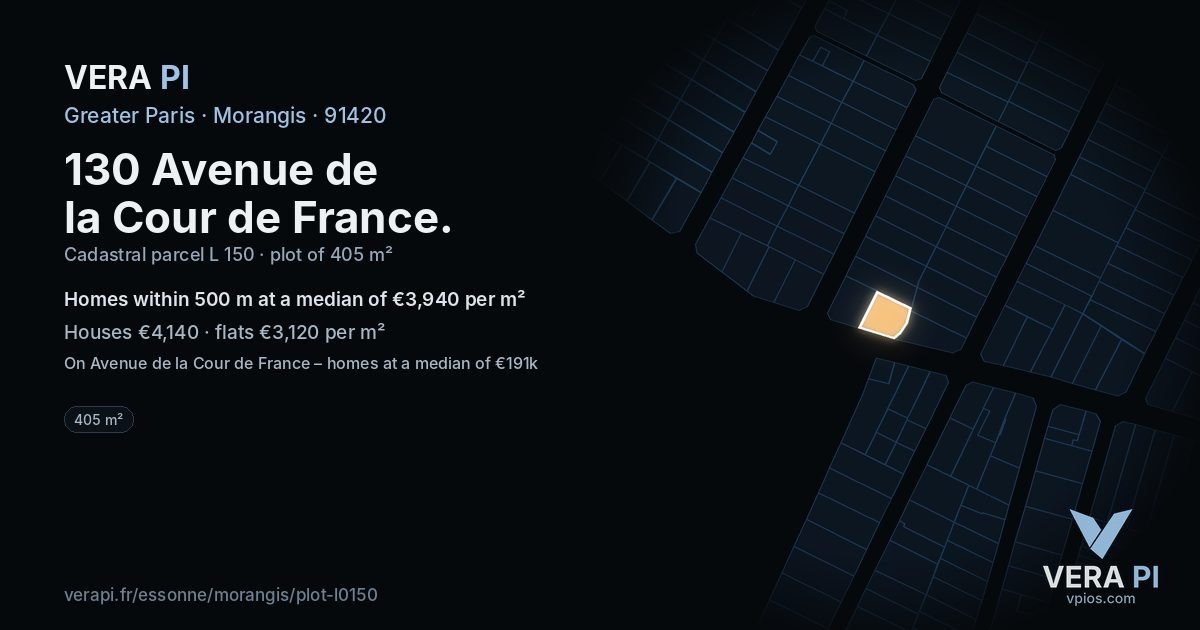 130 Avenue de la Cour de France, Morangis at night – the plot lit, the parcels around coloured by the prices near them