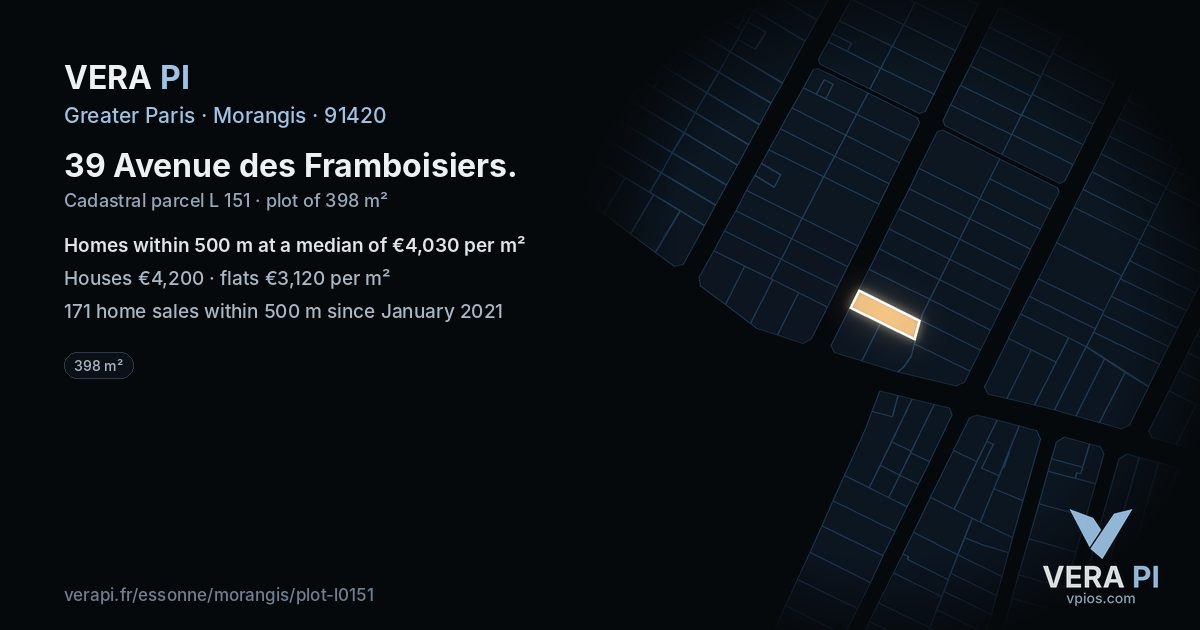 39 Avenue des Framboisiers, Morangis at night – the plot lit, the parcels around coloured by the prices near them