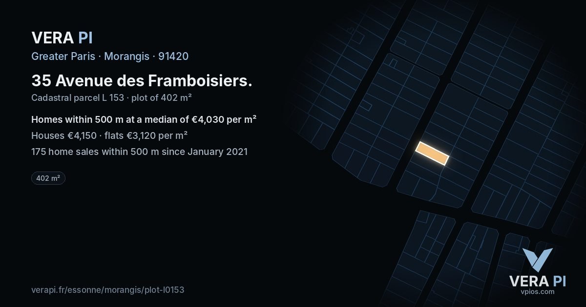 35 Avenue des Framboisiers, Morangis at night – the plot lit, the parcels around coloured by the prices near them