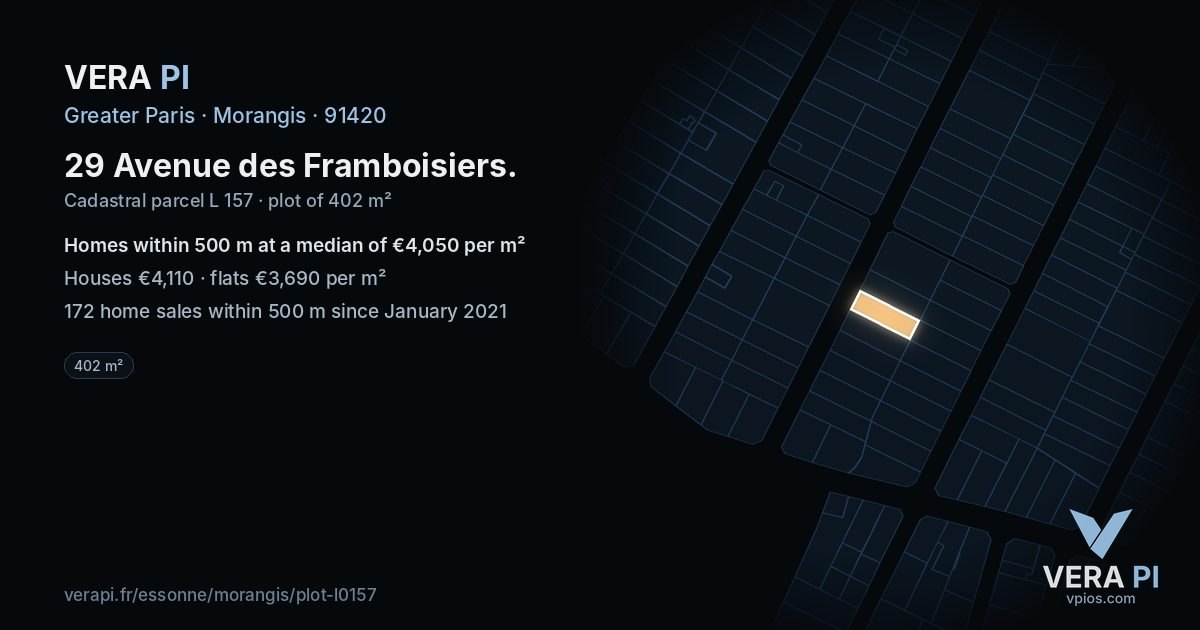 29 Avenue des Framboisiers, Morangis at night – the plot lit, the parcels around coloured by the prices near them