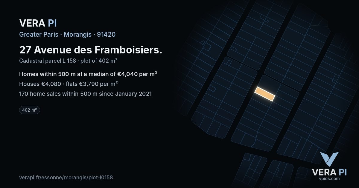 27 Avenue des Framboisiers, Morangis at night – the plot lit, the parcels around coloured by the prices near them
