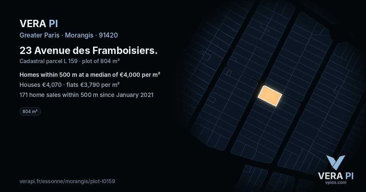 23 Avenue des Framboisiers, Morangis at night – the plot lit, the parcels around coloured by the prices near them