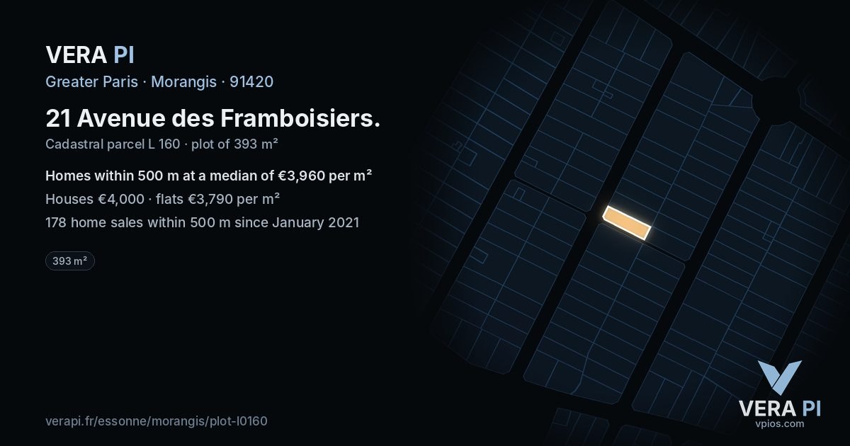 21 Avenue des Framboisiers, Morangis at night – the plot lit, the parcels around coloured by the prices near them