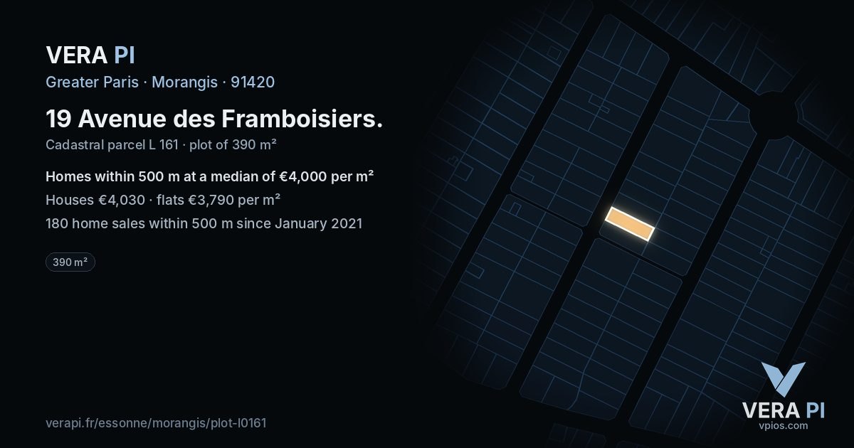 19 Avenue des Framboisiers, Morangis at night – the plot lit, the parcels around coloured by the prices near them