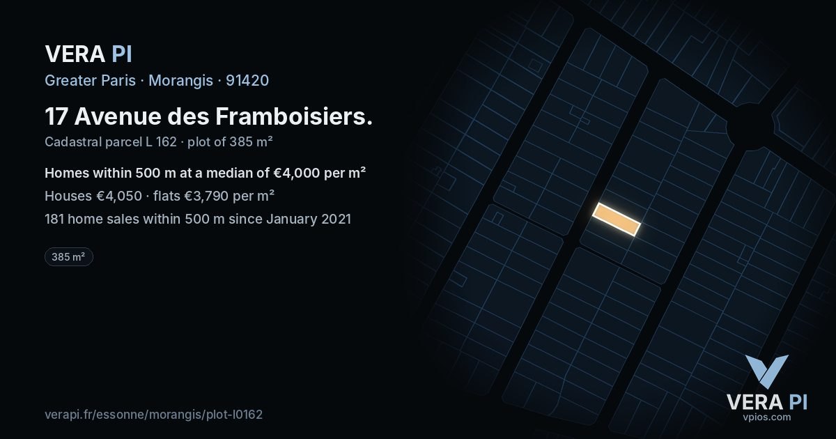 17 Avenue des Framboisiers, Morangis at night – the plot lit, the parcels around coloured by the prices near them