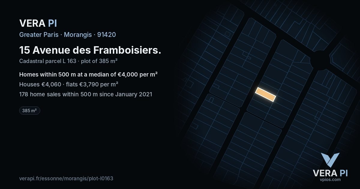 15 Avenue des Framboisiers, Morangis at night – the plot lit, the parcels around coloured by the prices near them