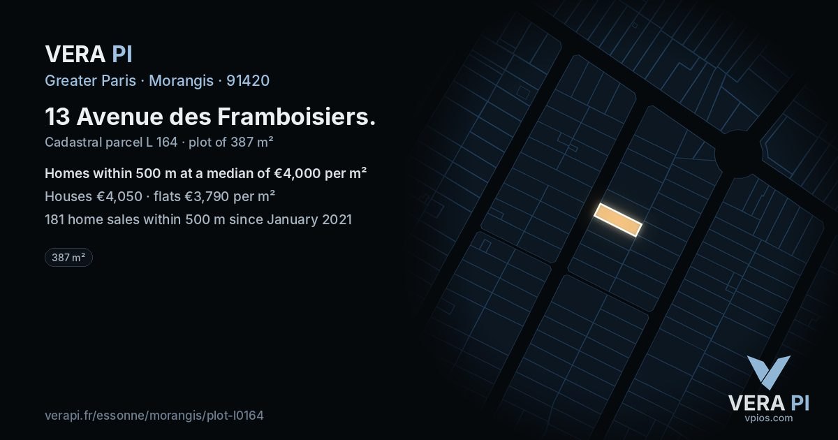 13 Avenue des Framboisiers, Morangis at night – the plot lit, the parcels around coloured by the prices near them