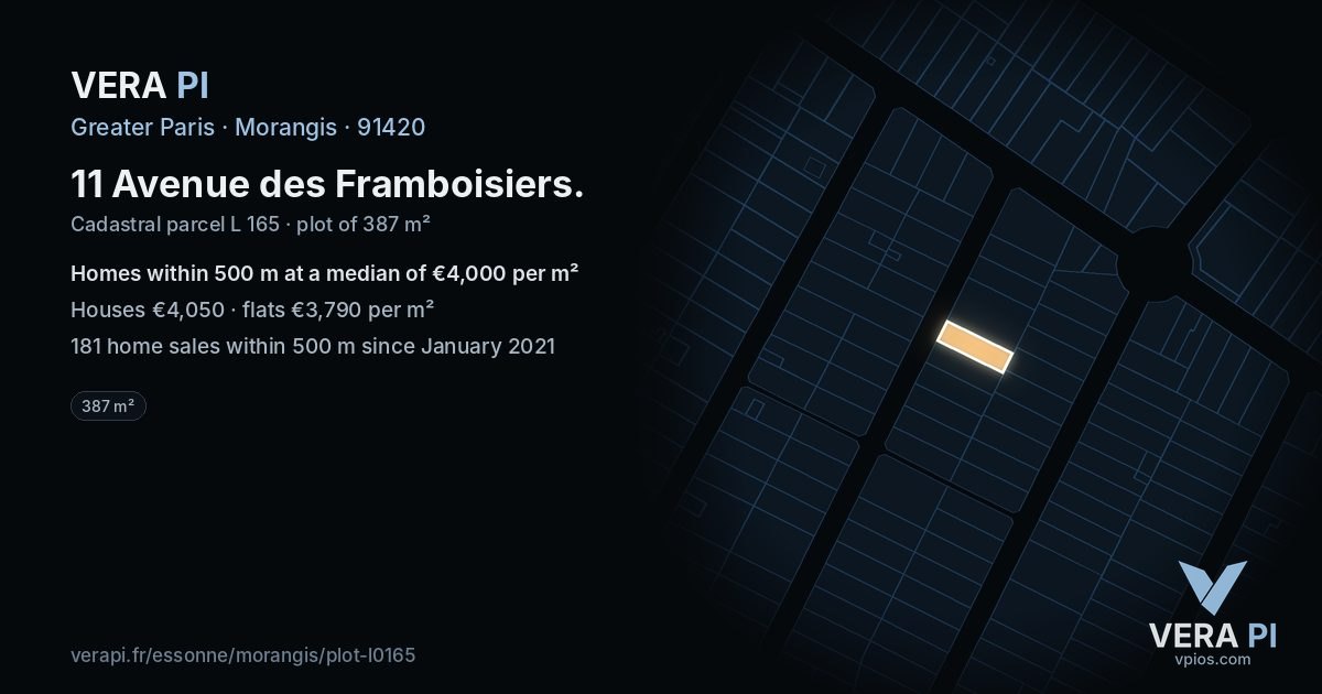 11 Avenue des Framboisiers, Morangis at night – the plot lit, the parcels around coloured by the prices near them