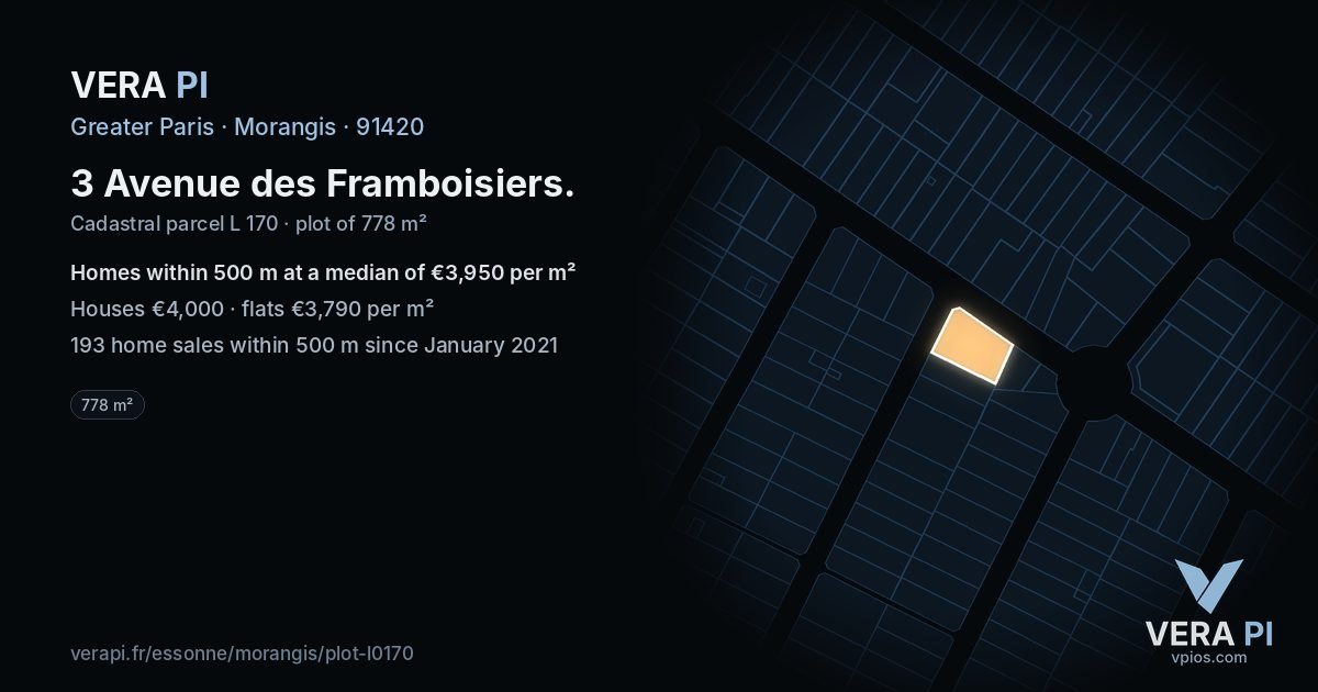 3 Avenue des Framboisiers, Morangis at night – the plot lit, the parcels around coloured by the prices near them