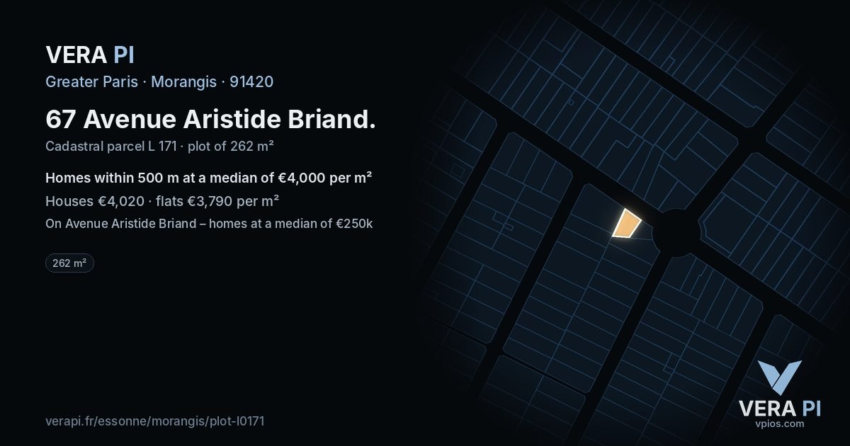 67 Avenue Aristide Briand, Morangis at night – the plot lit, the parcels around coloured by the prices near them