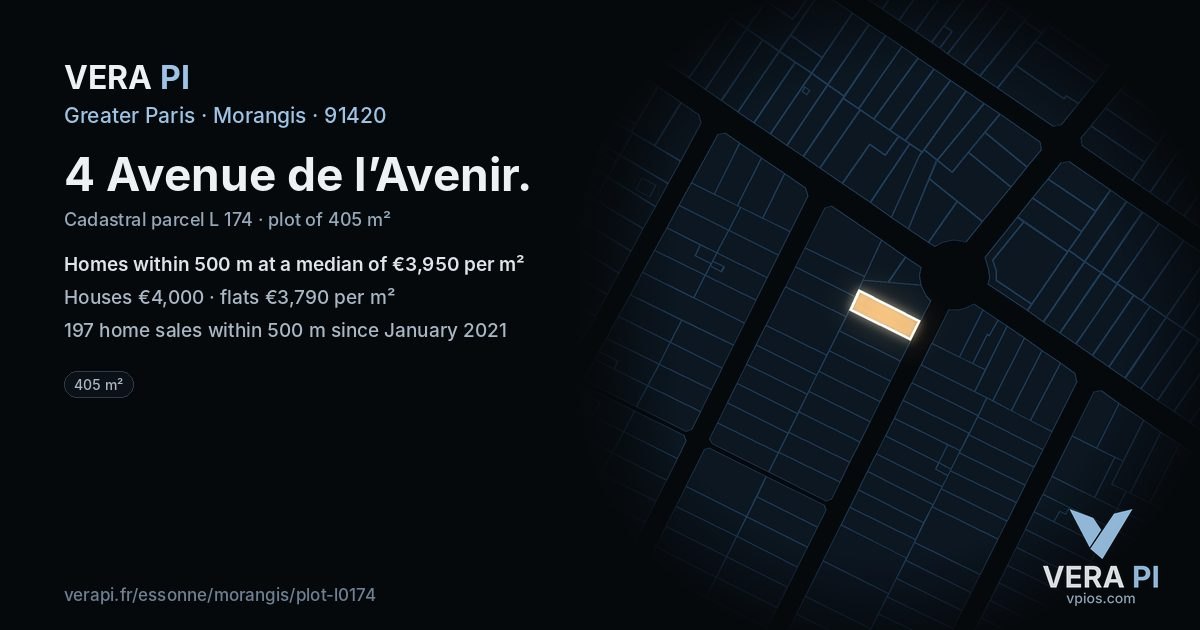 4 Avenue de l’Avenir, Morangis at night – the plot lit, the parcels around coloured by the prices near them