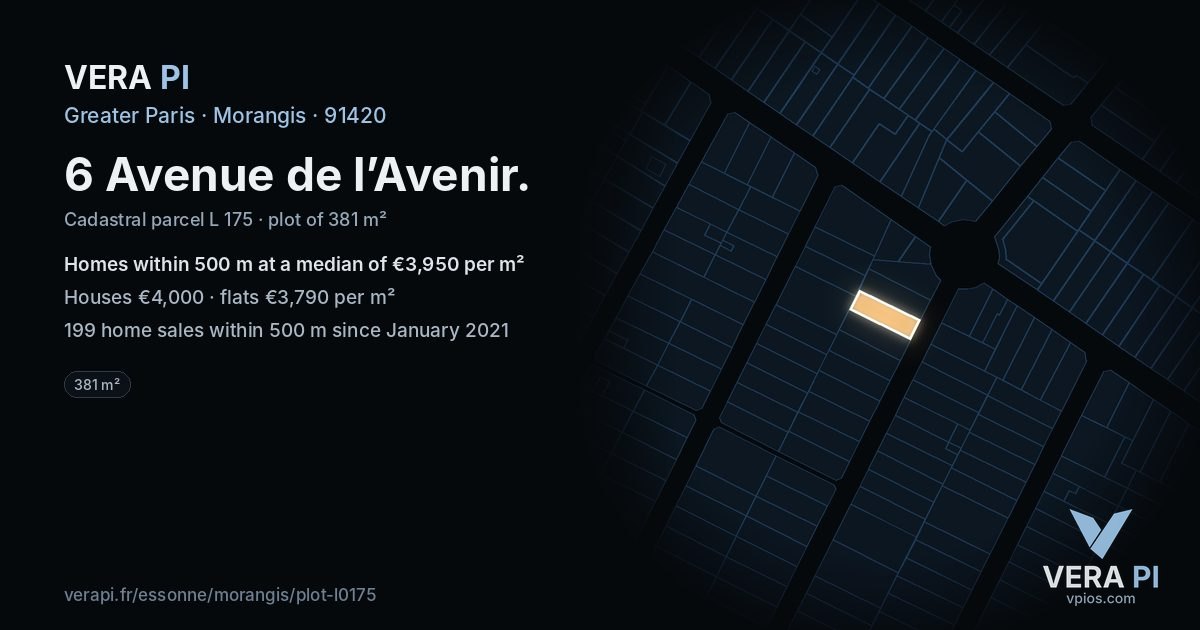 6 Avenue de l’Avenir, Morangis at night – the plot lit, the parcels around coloured by the prices near them