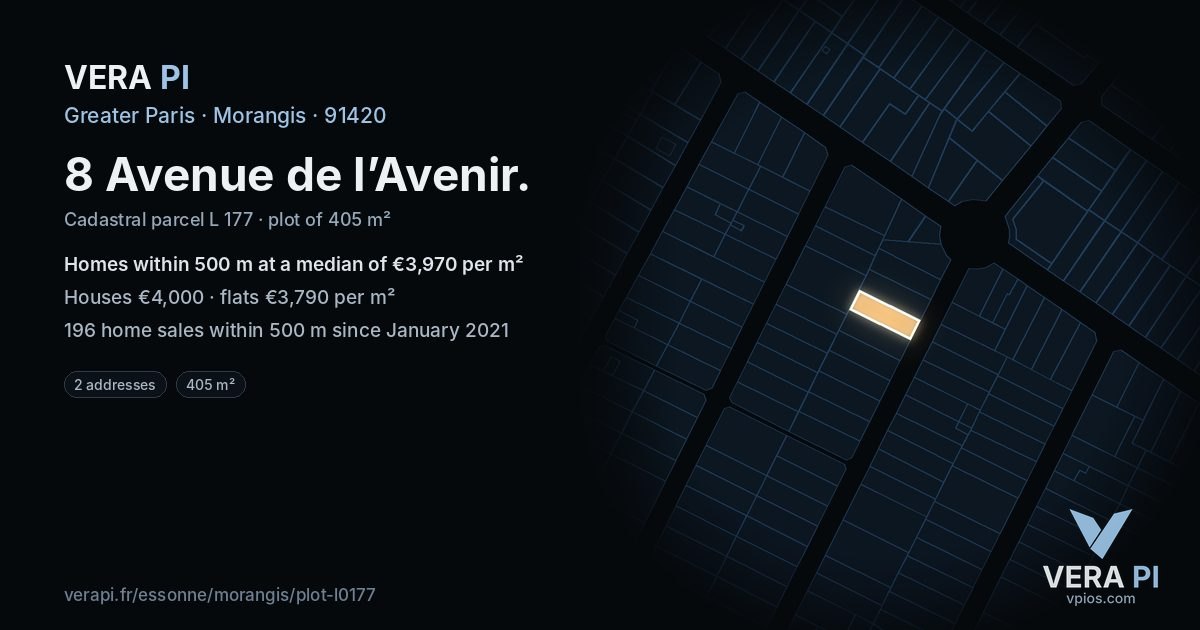 8 Avenue de l’Avenir, Morangis at night – the plot lit, the parcels around coloured by the prices near them
