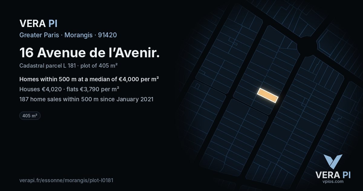 16 Avenue de l’Avenir, Morangis at night – the plot lit, the parcels around coloured by the prices near them