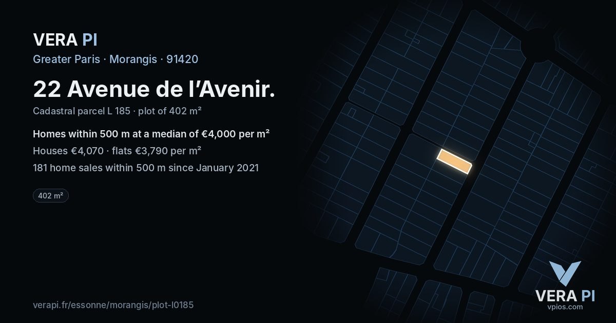22 Avenue de l’Avenir, Morangis at night – the plot lit, the parcels around coloured by the prices near them