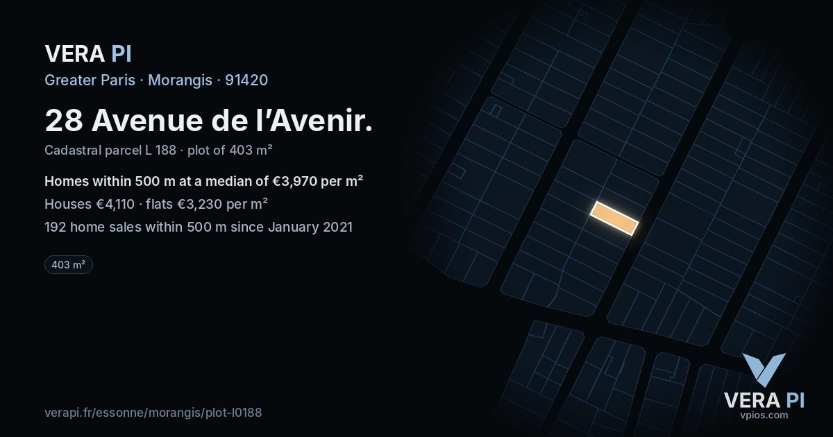 28 Avenue de l’Avenir, Morangis at night – the plot lit, the parcels around coloured by the prices near them