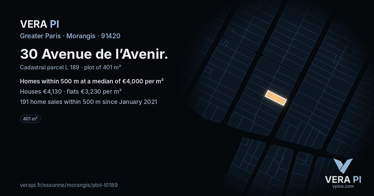 30 Avenue de l’Avenir, Morangis at night – the plot lit, the parcels around coloured by the prices near them