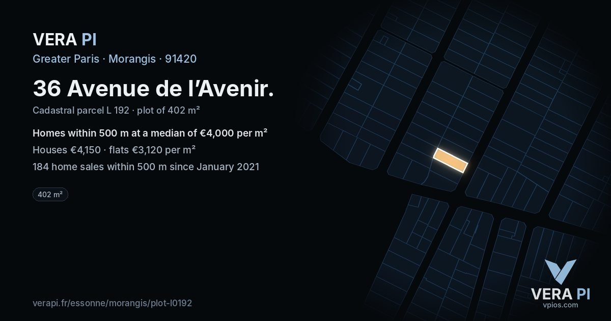 36 Avenue de l’Avenir, Morangis at night – the plot lit, the parcels around coloured by the prices near them