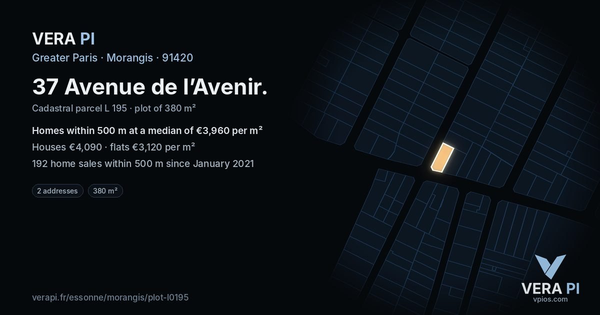 37 Avenue de l’Avenir, Morangis at night – the plot lit, the parcels around coloured by the prices near them