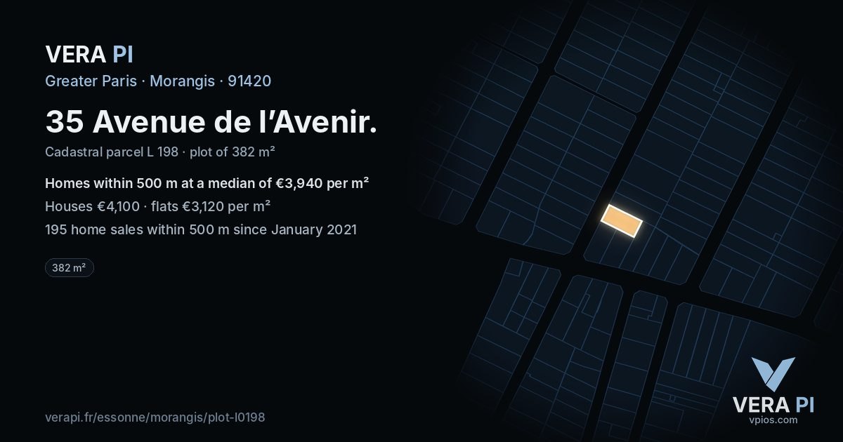 35 Avenue de l’Avenir, Morangis at night – the plot lit, the parcels around coloured by the prices near them