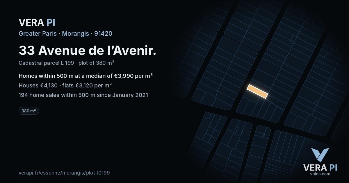33 Avenue de l’Avenir, Morangis at night – the plot lit, the parcels around coloured by the prices near them