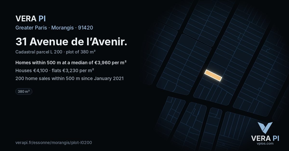 31 Avenue de l’Avenir, Morangis at night – the plot lit, the parcels around coloured by the prices near them