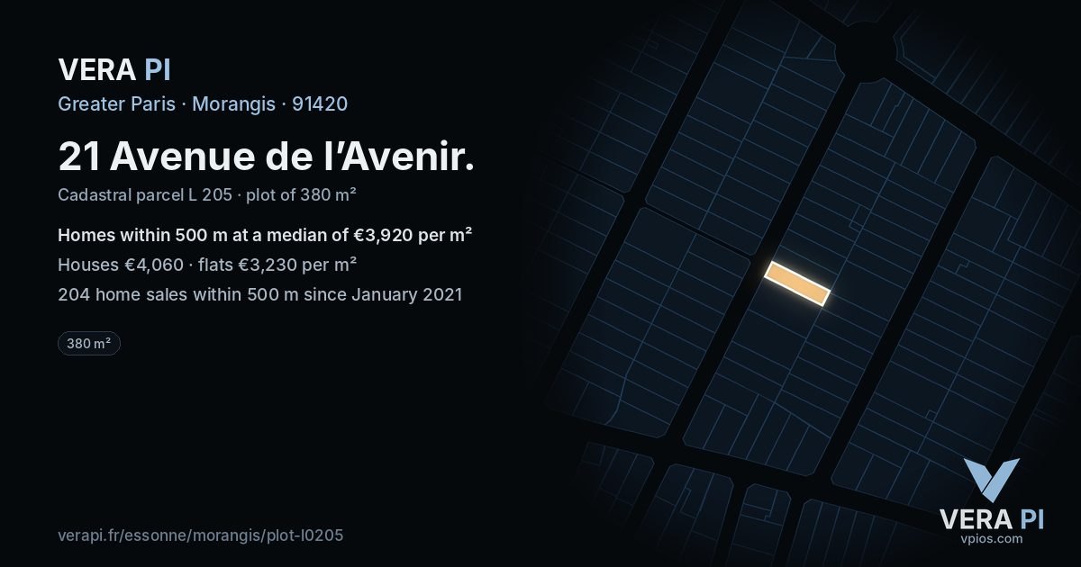 21 Avenue de l’Avenir, Morangis at night – the plot lit, the parcels around coloured by the prices near them