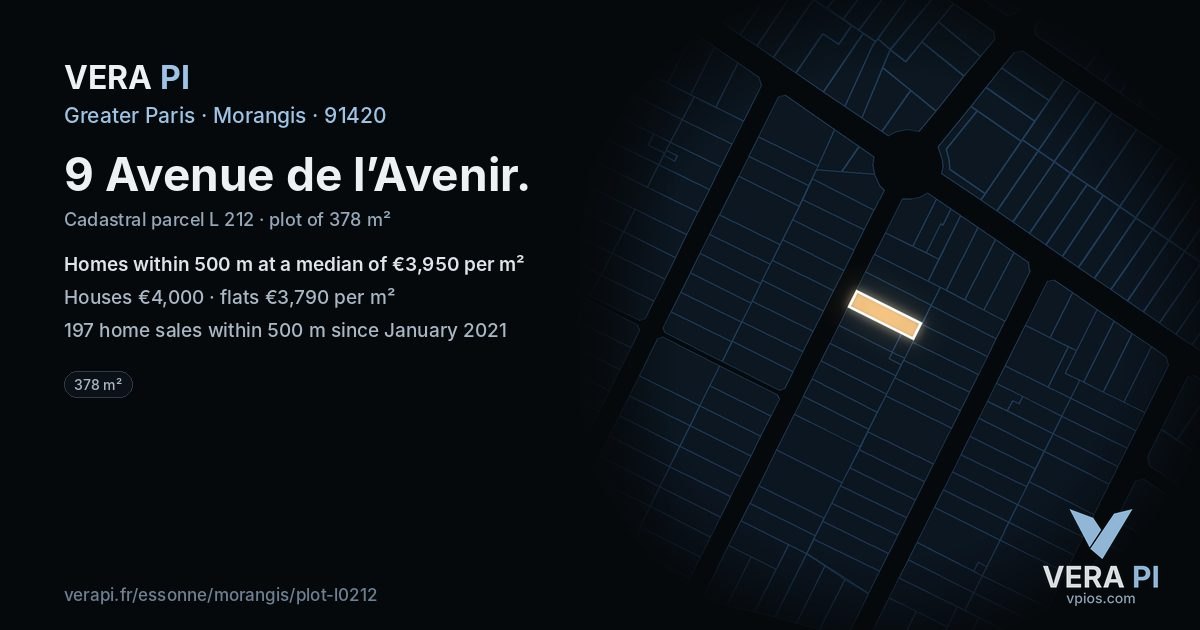 9 Avenue de l’Avenir, Morangis at night – the plot lit, the parcels around coloured by the prices near them