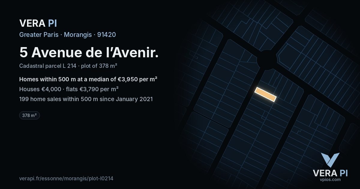 5 Avenue de l’Avenir, Morangis at night – the plot lit, the parcels around coloured by the prices near them