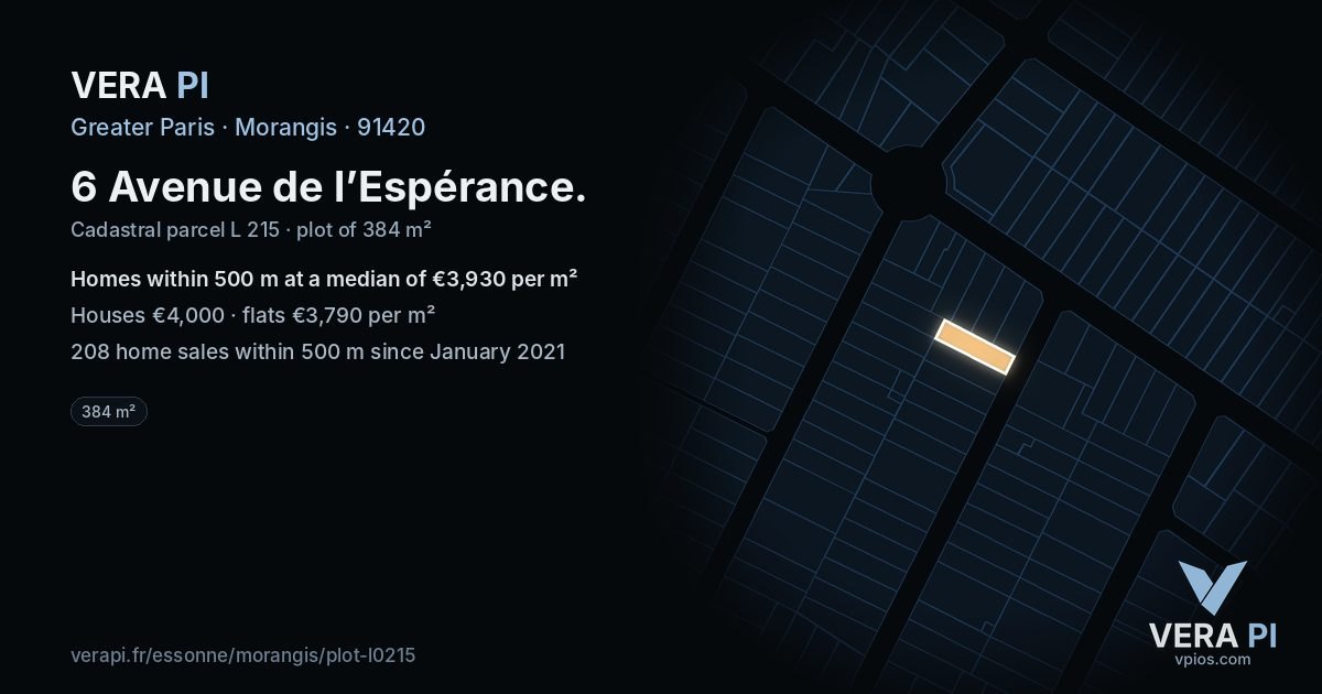 6 Avenue de l’Espérance, Morangis at night – the plot lit, the parcels around coloured by the prices near them