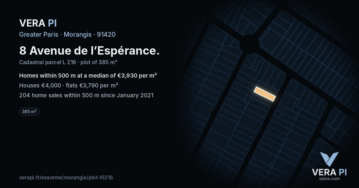 8 Avenue de l’Espérance, Morangis at night – the plot lit, the parcels around coloured by the prices near them