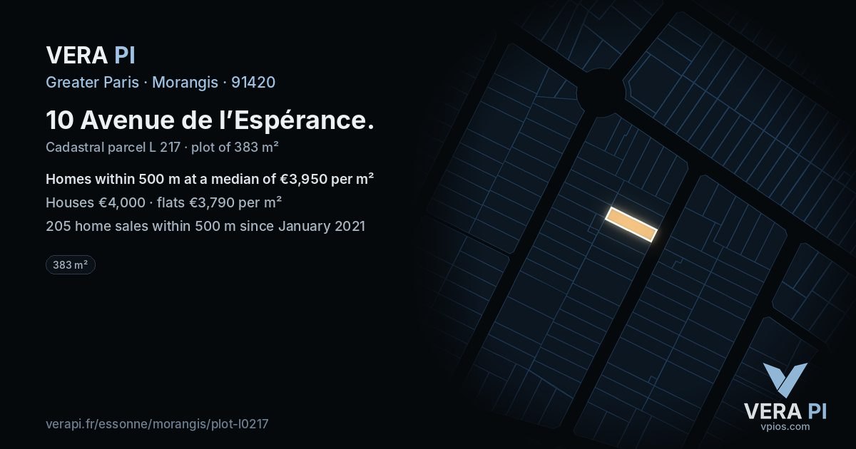 10 Avenue de l’Espérance, Morangis at night – the plot lit, the parcels around coloured by the prices near them