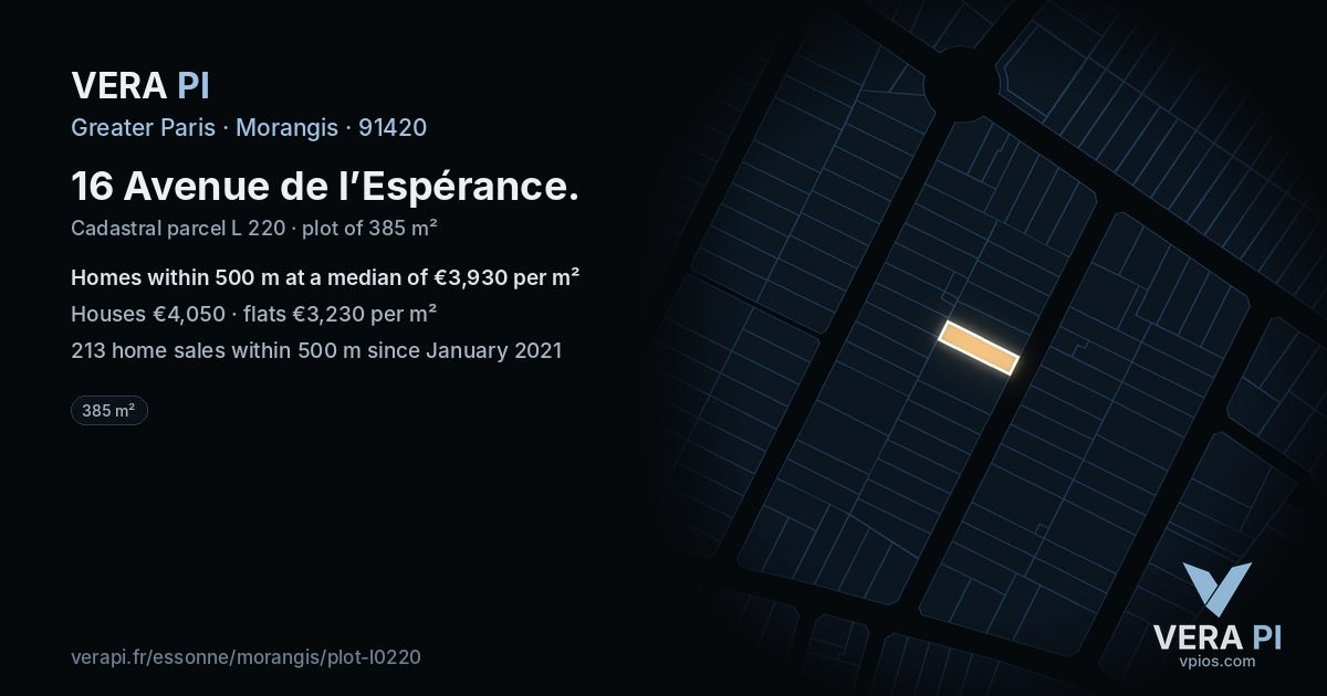 16 Avenue de l’Espérance, Morangis at night – the plot lit, the parcels around coloured by the prices near them