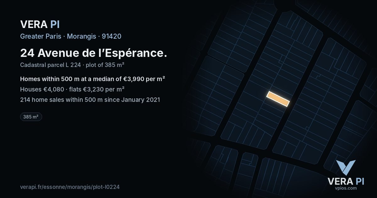 24 Avenue de l’Espérance, Morangis at night – the plot lit, the parcels around coloured by the prices near them