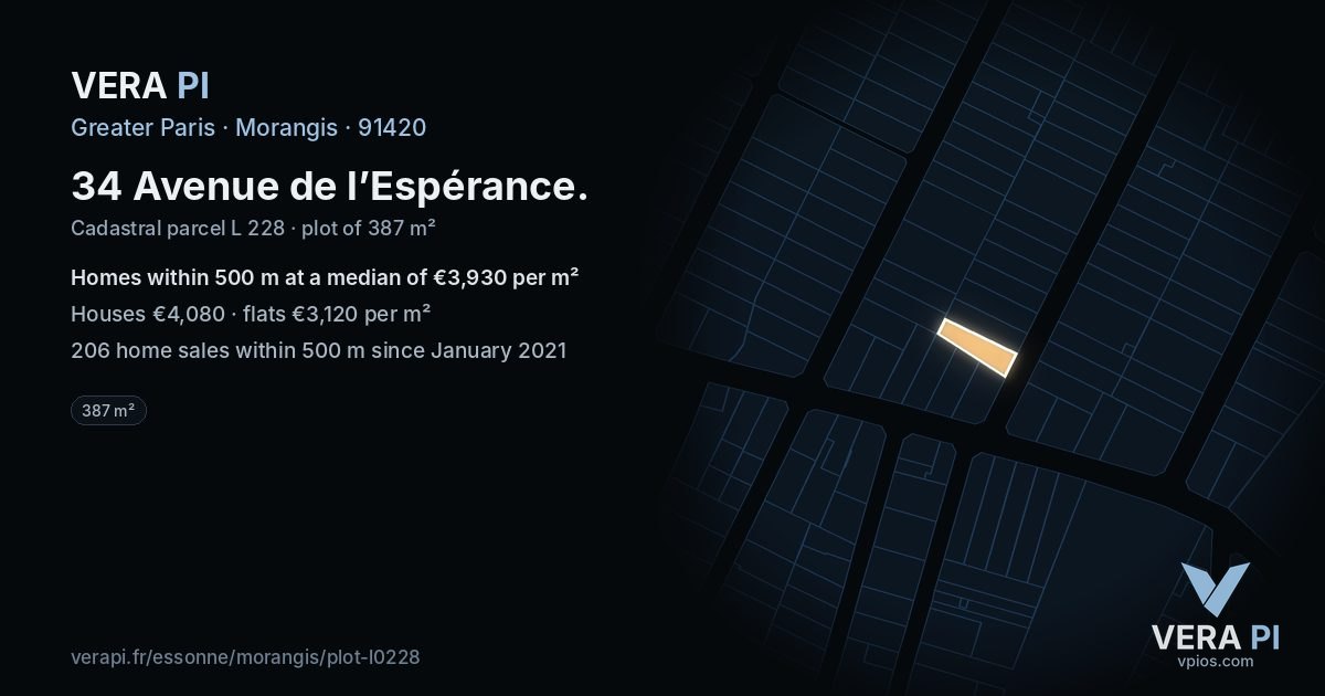 34 Avenue de l’Espérance, Morangis at night – the plot lit, the parcels around coloured by the prices near them