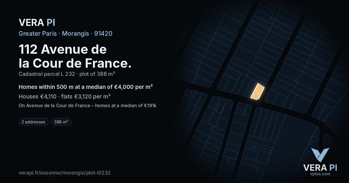 112 Avenue de la Cour de France, Morangis at night – the plot lit, the parcels around coloured by the prices near them