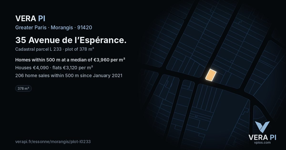 35 Avenue de l’Espérance, Morangis at night – the plot lit, the parcels around coloured by the prices near them