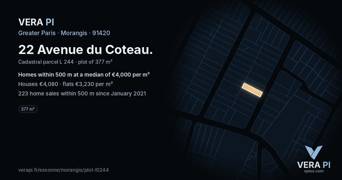 22 Avenue du Coteau, Morangis at night – the plot lit, the parcels around coloured by the prices near them