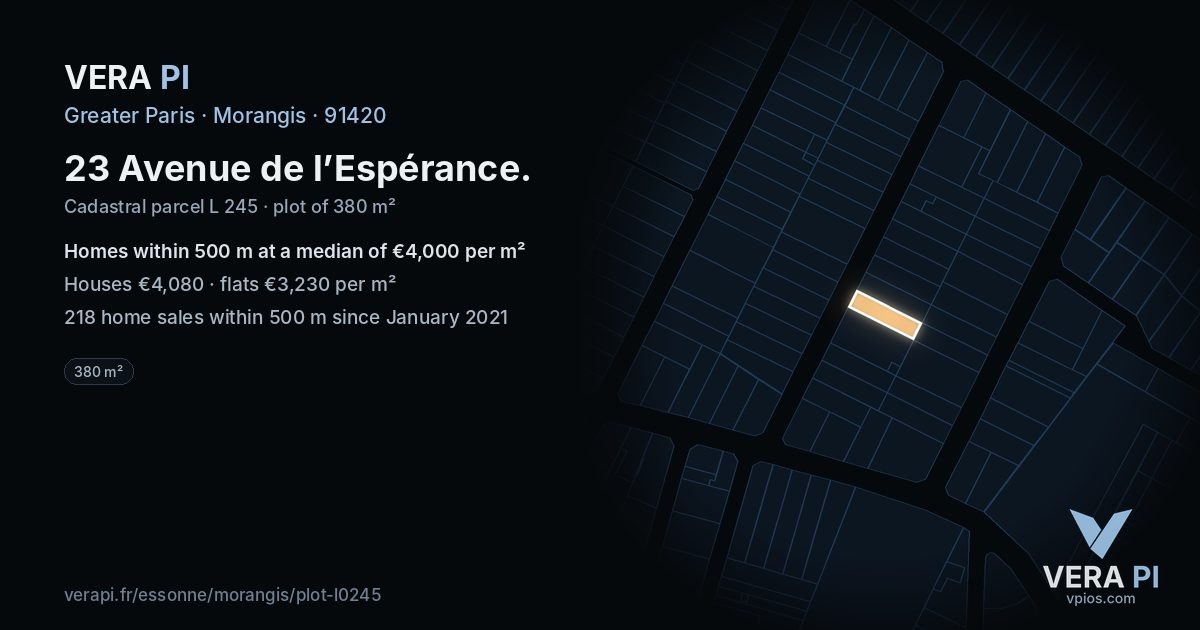 23 Avenue de l’Espérance, Morangis at night – the plot lit, the parcels around coloured by the prices near them